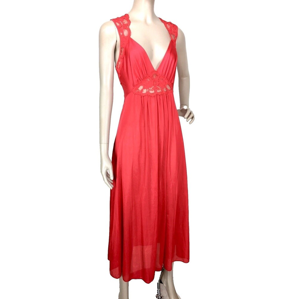 Vintage 70s Red Lace Trim Peignoir Sexy Lingerie Long Nightgown Medium USA